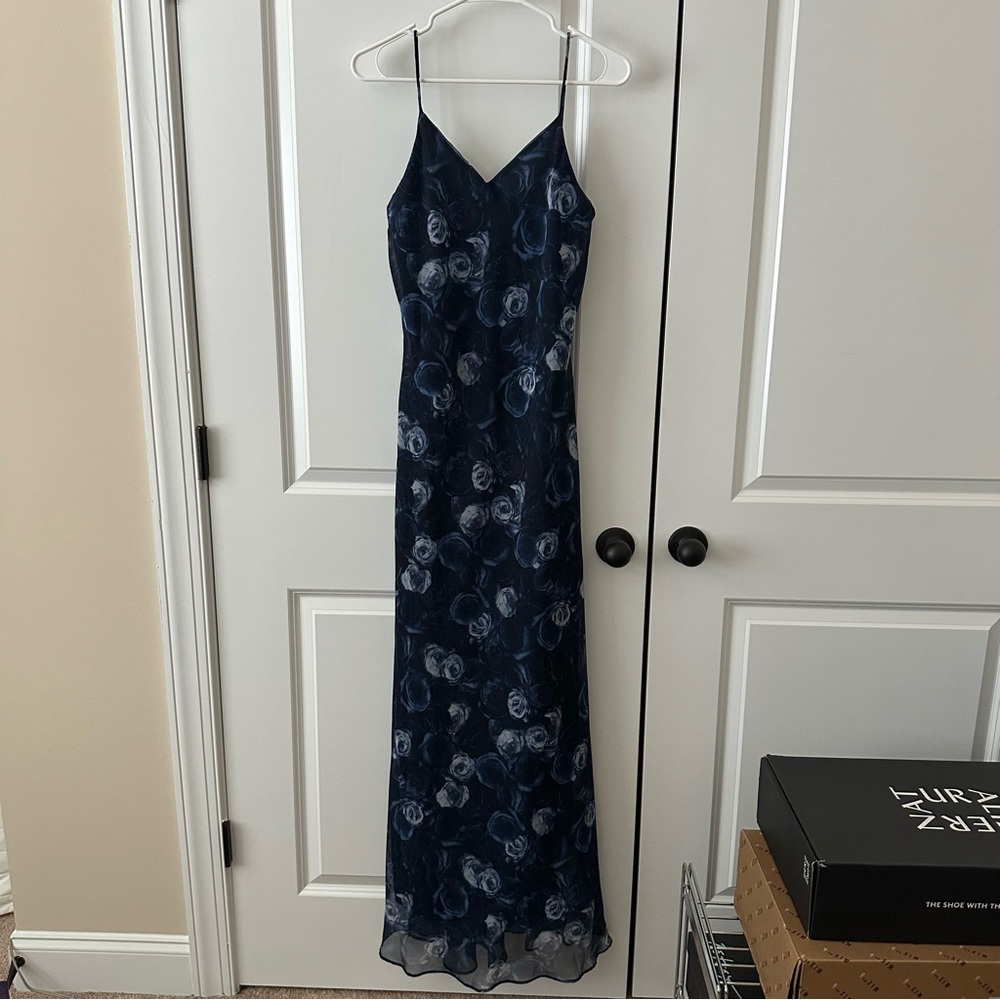 Vintage NIKI Navy Blue Rose Floral Low Back Maxi Dress